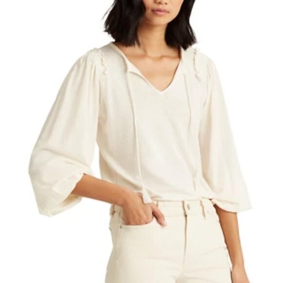 Ralph Lauren Sweater Top Women's Size M Cream Self Tie w Tassels Blouson Sleeves - Picture 1 of 10